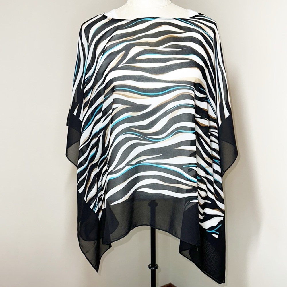 Talbots poncho - sheer coverup tiger print black white turquoise blue Size S - M